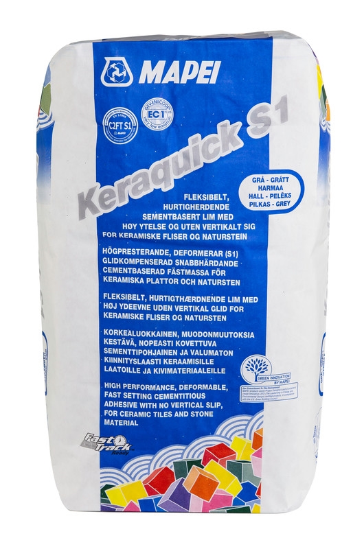 Mapei KeraQuick S1 Grå 20 kg. Cementbaseret, hurtighærdende, fliselim til gulv & væg inde & ude 